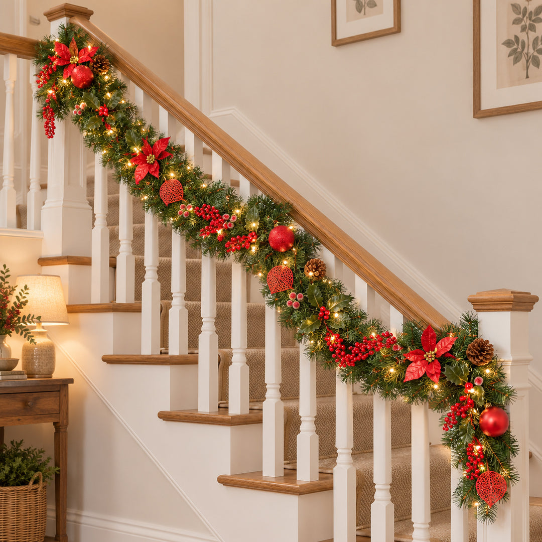 9ft Red Decorated 9ftRedDec Christmas garland, banister UK lifestyle, Warm White Lights