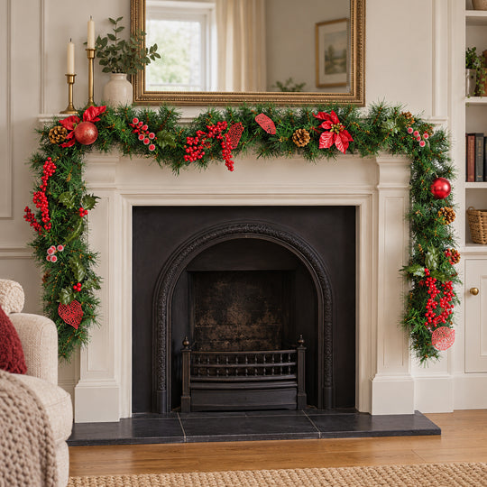 9ft Red Decorated 9ftRedDec Christmas garland, hearth UK lifestyle, Unlit