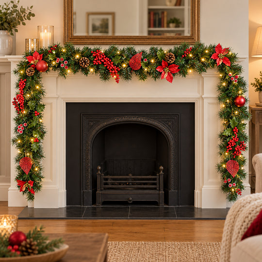 9ft Red Decorated 9ftRedDec Christmas garland, hearth UK lifestyle, Warm White Lights