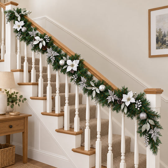 12ft White and Silver MG0681 Christmas garland, banister UK lifestyle, Unlit