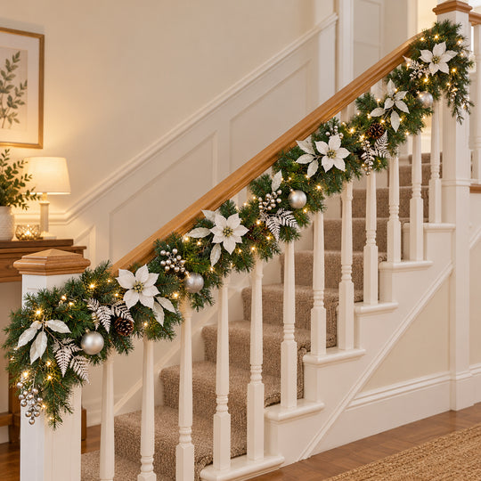 12ft White and Silver MG0681 Christmas garland, banister UK lifestyle, Warm White Lights