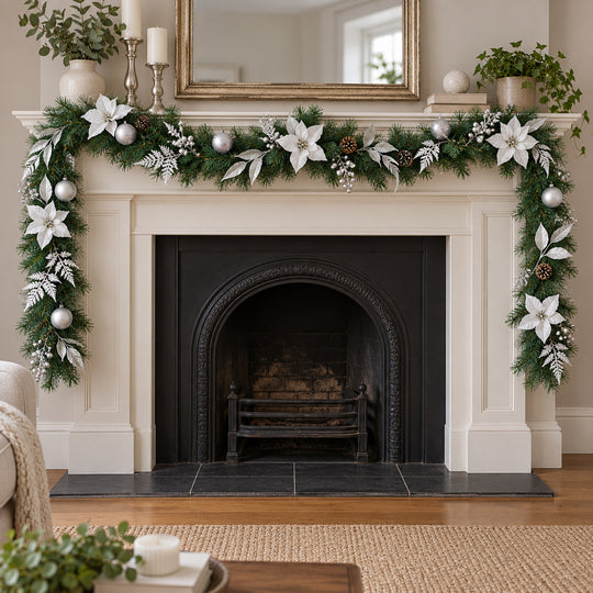 12ft White and Silver MG0681 Christmas garland, hearth UK lifestyle, Unlit