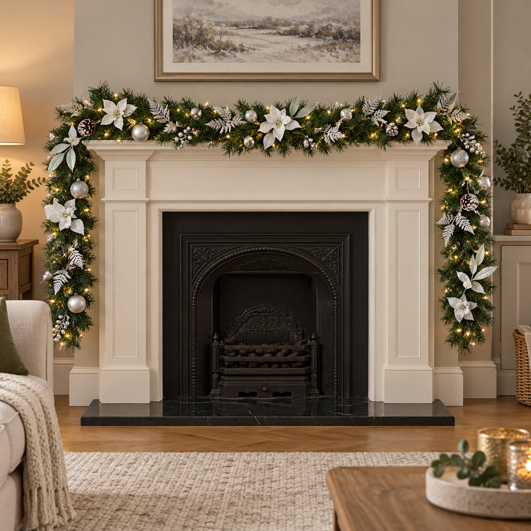 12ft White and Silver MG0681 Christmas garland, hearth UK lifestyle, Warm White Lights