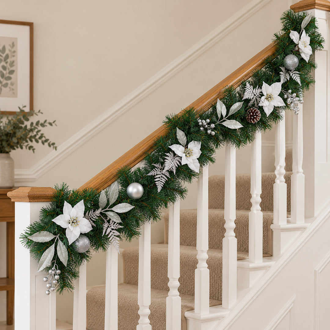 6ft White and Silver MG0681 Christmas garland, banister UK lifestyle, Unlit