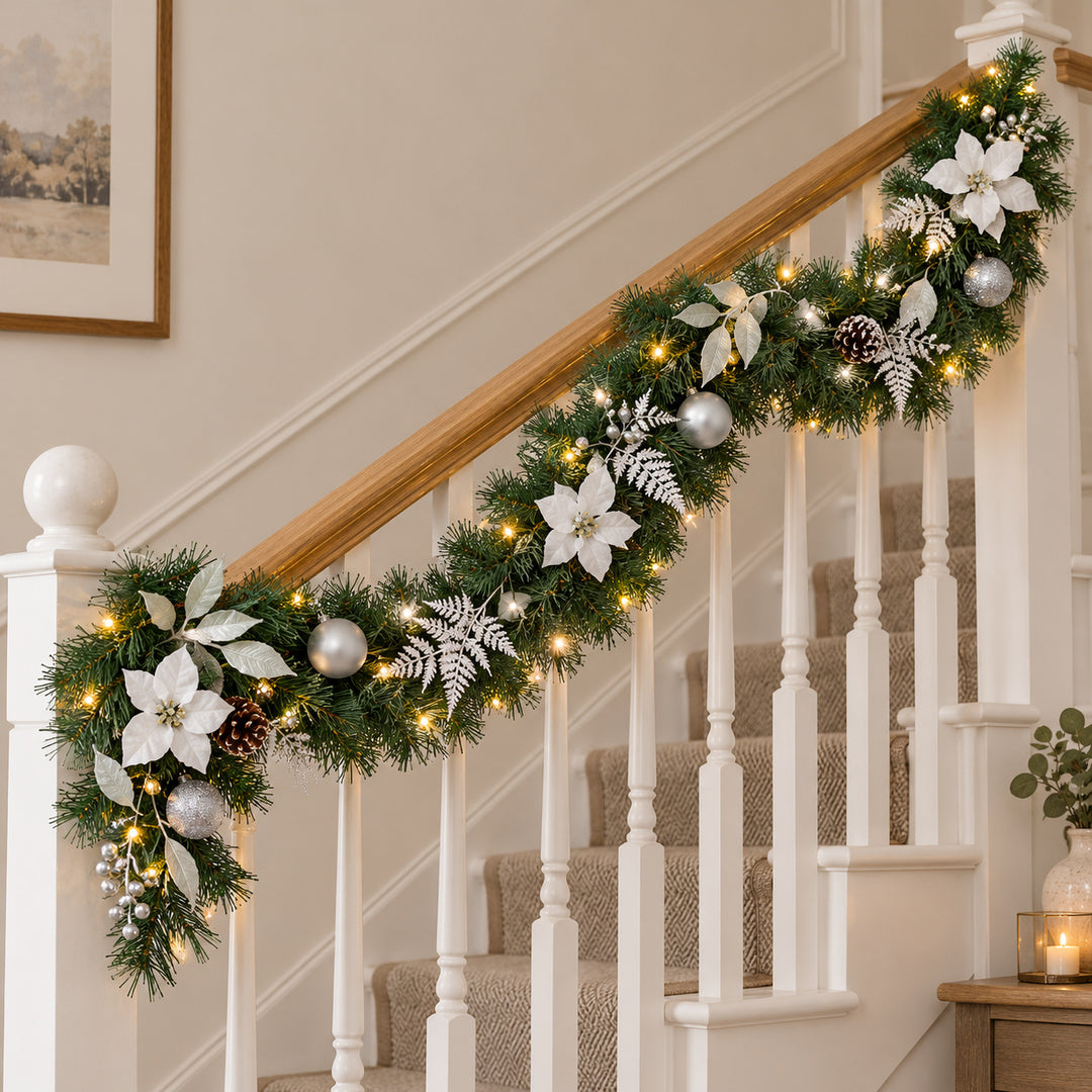 6ft White and Silver MG0681 Christmas garland, banister UK lifestyle, Warm White Lights