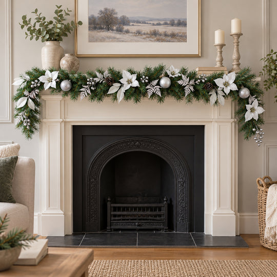 6ft White and Silver MG0681 Christmas garland, hearth UK lifestyle, Unlit