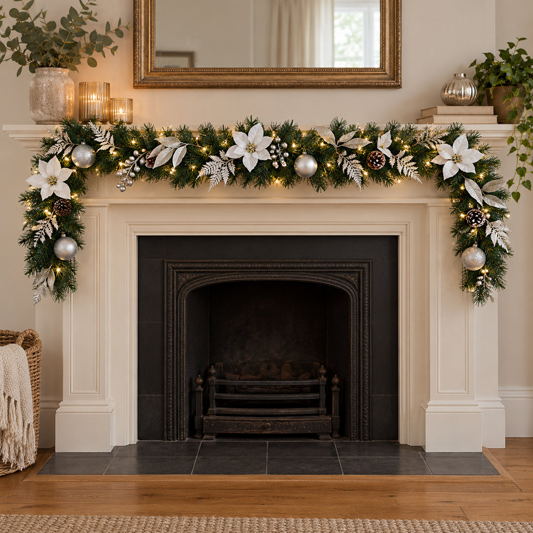 6ft White and Silver MG0681 Christmas garland, hearth UK lifestyle, Warm White Lights