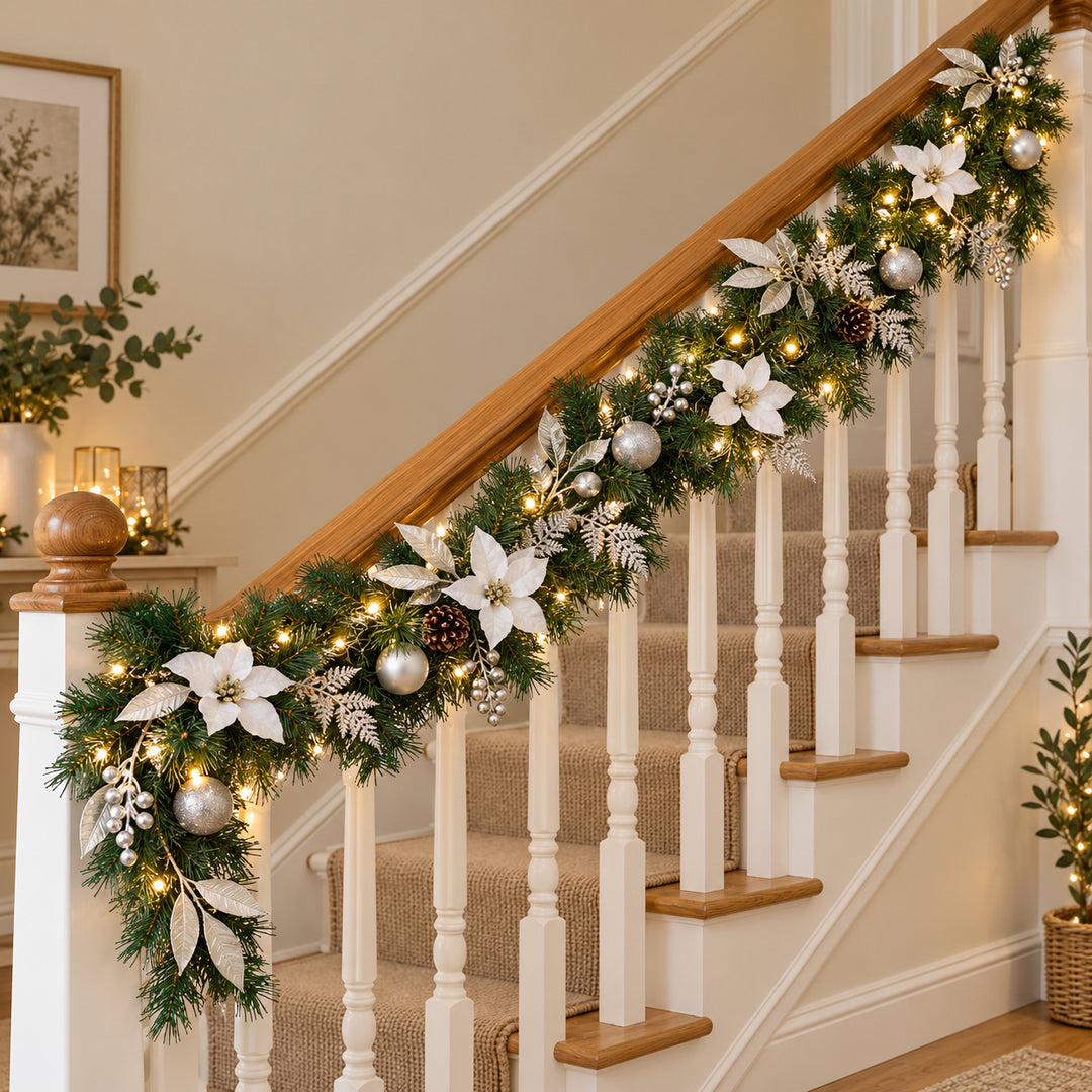 9ft White and Silver MG0681 Christmas garland, banister UK lifestyle, Warm White Lights