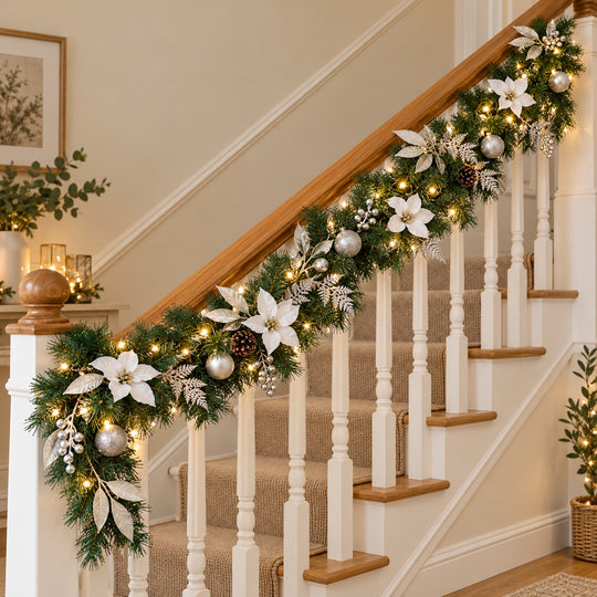 9ft White and Silver MG0681 Christmas garland, banister UK lifestyle, Warm White Lights