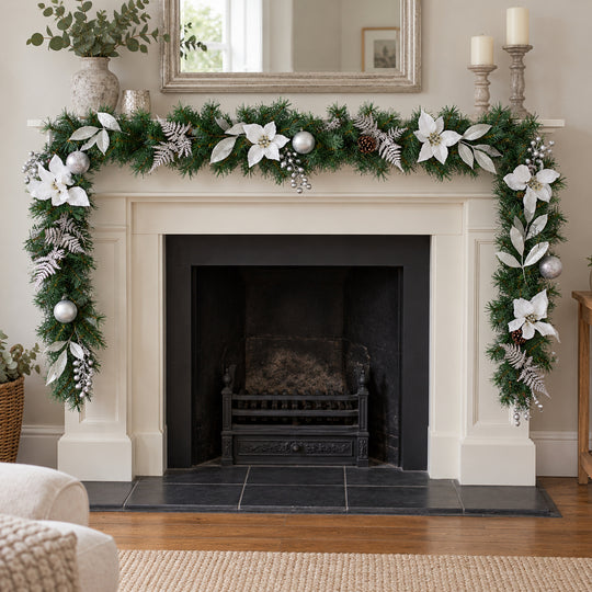 9ft White and Silver MG0681 Christmas garland, hearth UK lifestyle, Unlit