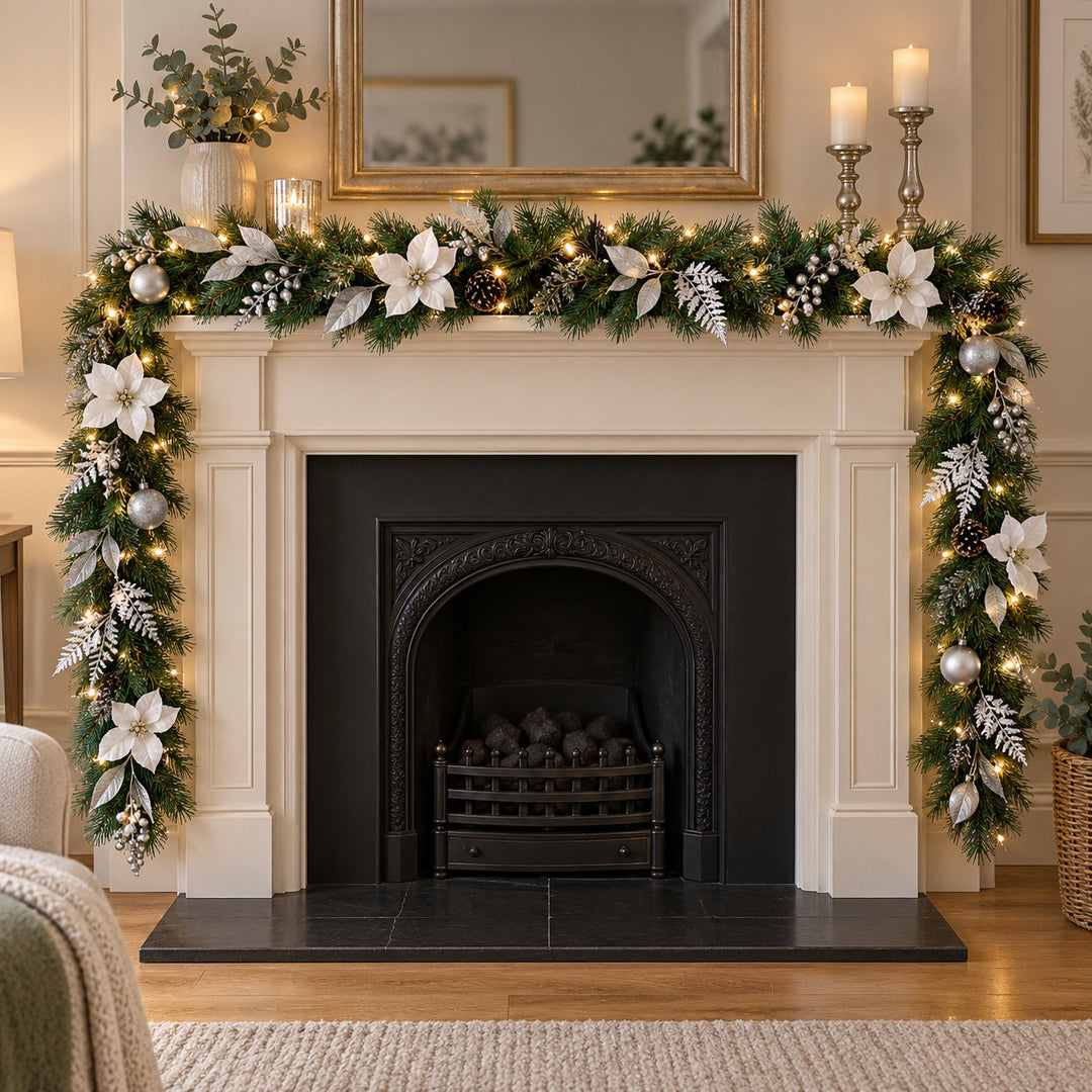 9ft White and Silver MG0681 Christmas garland, hearth UK lifestyle, Warm White Lights