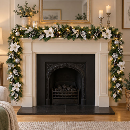 9ft White and Silver MG0681 Christmas garland, hearth UK lifestyle, Warm White Lights