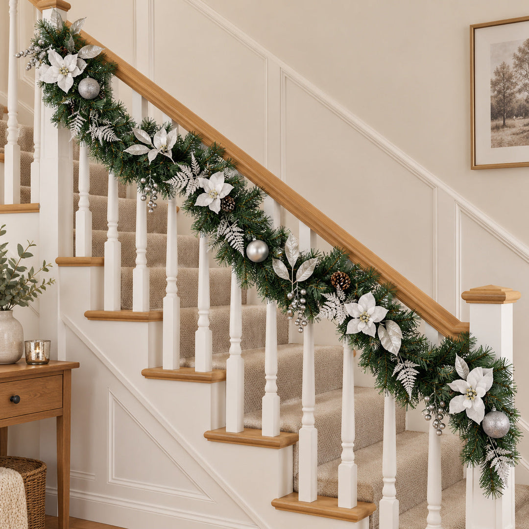 9ft White and Silver MG0681 Christmas garland, banister UK lifestyle, Unlit