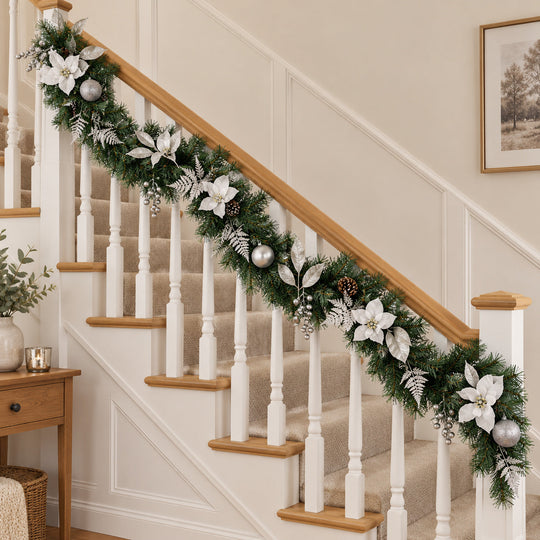 9ft White and Silver MG0681 Christmas garland, banister UK lifestyle, Unlit