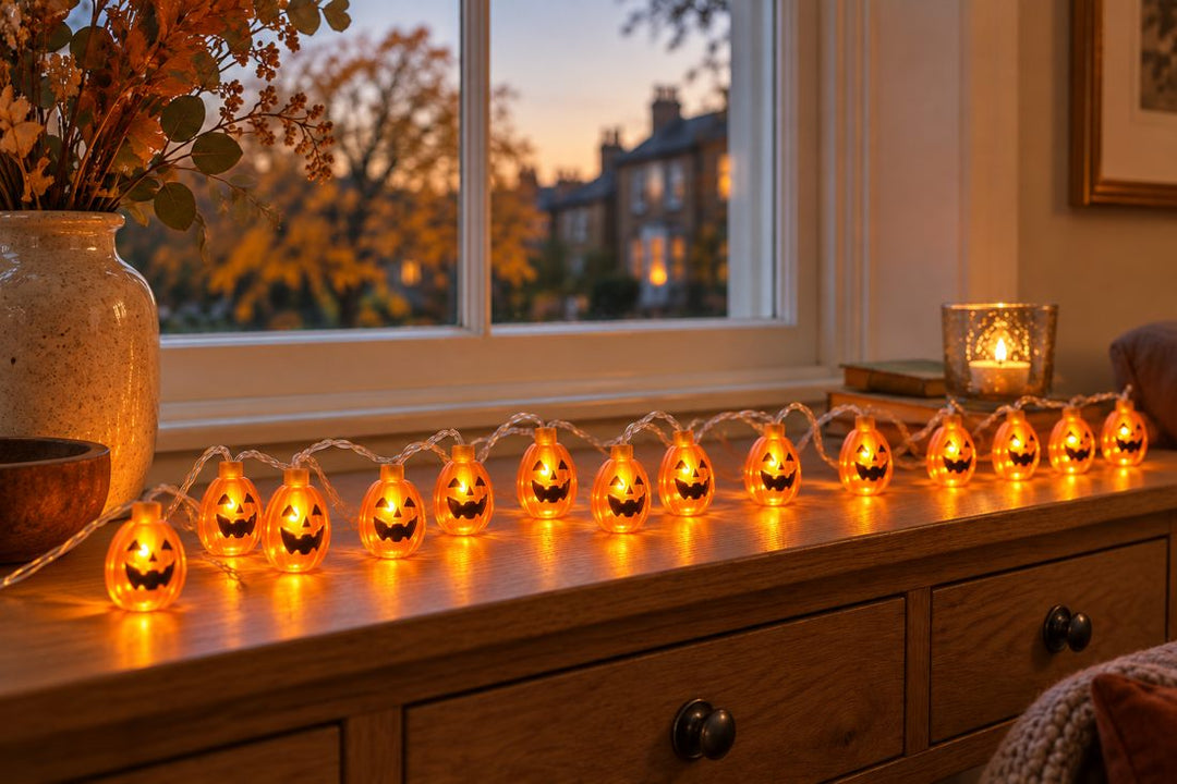 20 Pumpkin 3d LED Indoor Battery 3M String Fairy Lights in a UK home or garden setting