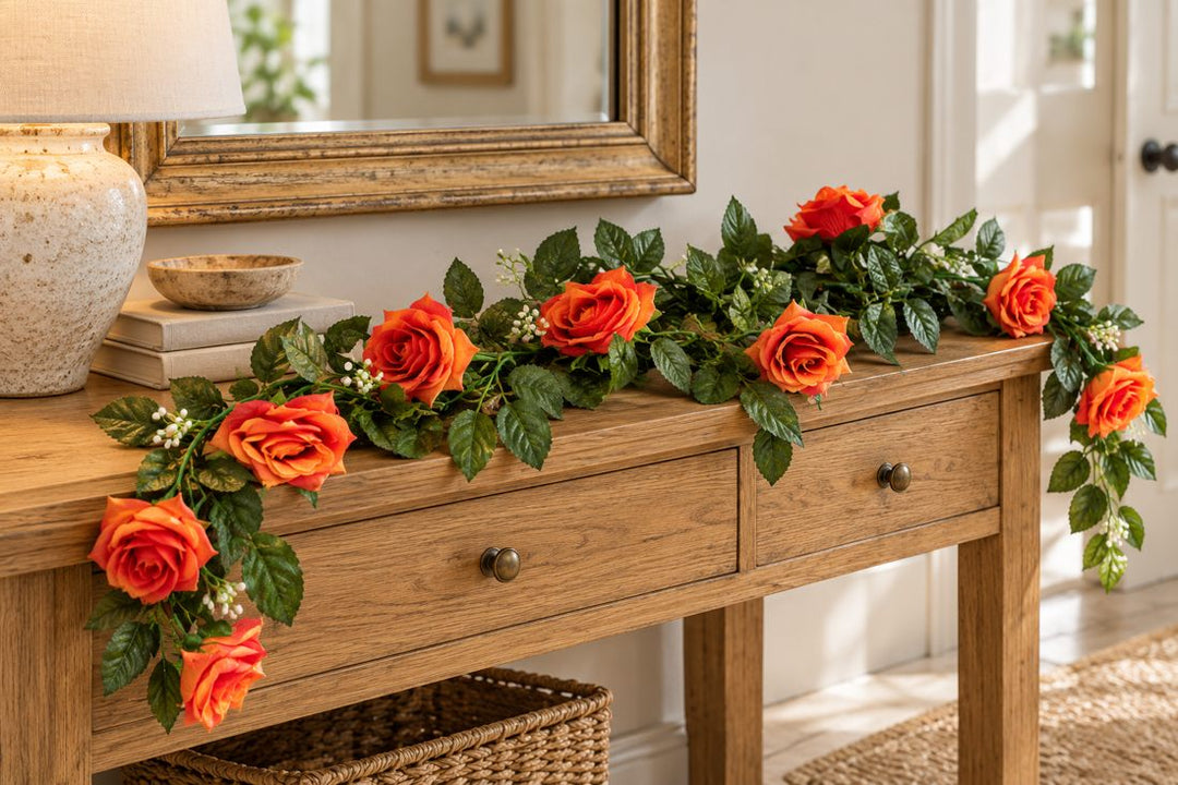 Best Artificial 7ft Champagne Silk Rose Garland in a UK home or garden setting
