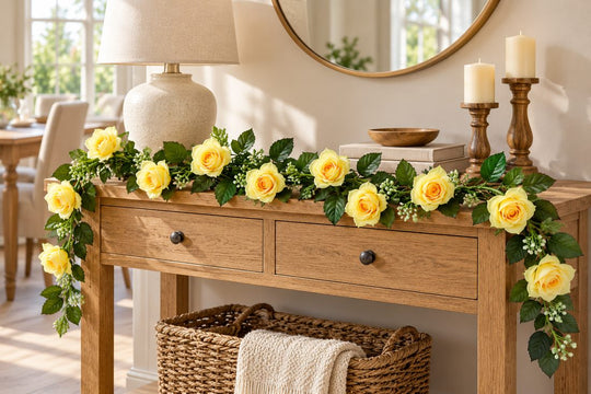 Best Artificial 7ft Yellow Silk Rose Garland in a UK home or garden setting