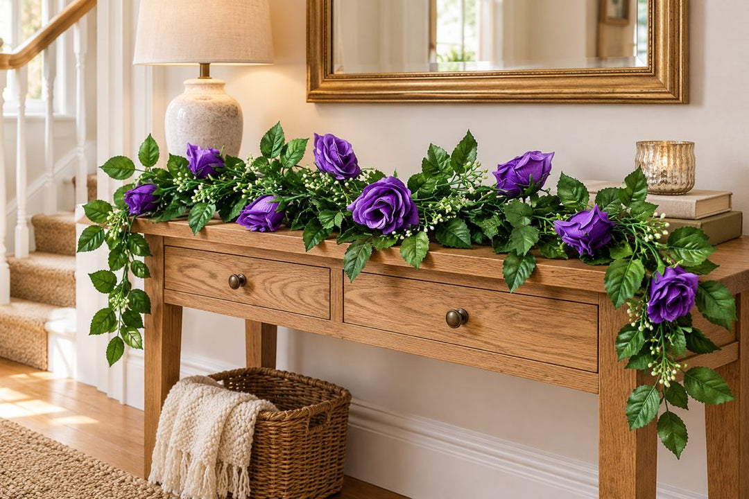 Best Artificial 7ft Purple Silk Rose Garland in a UK home or garden setting