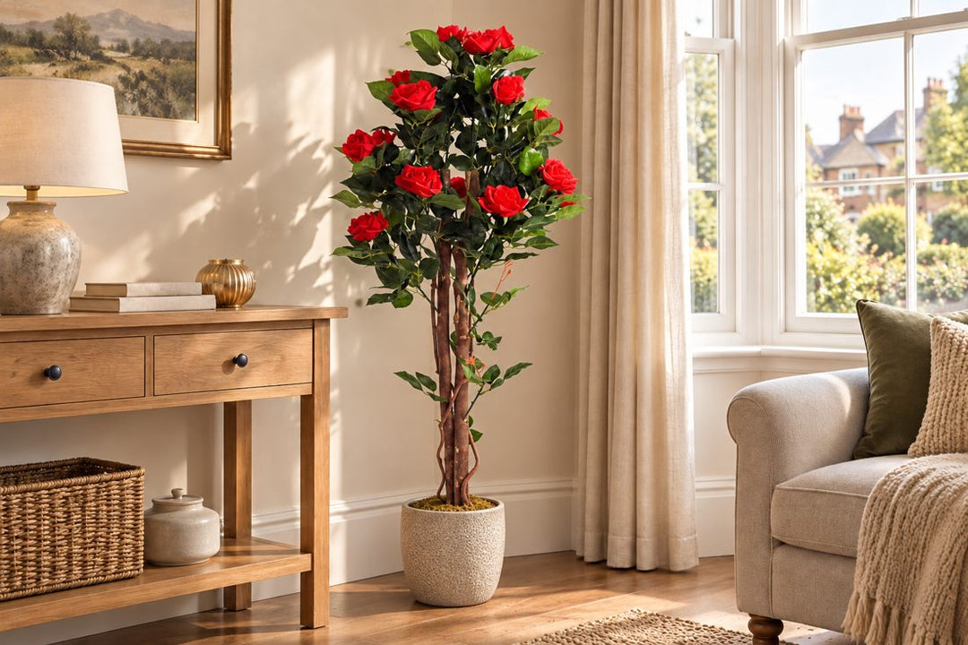 Best Artificial 4ft - 120cm Rose Flower Tree in a UK home or garden setting