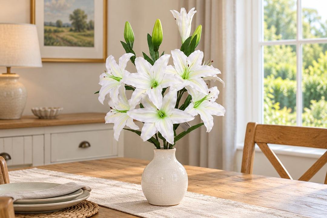 Best Artificial 45cm Stargazer Lillies 10 Head Flower Spray in a UK home or garden setting