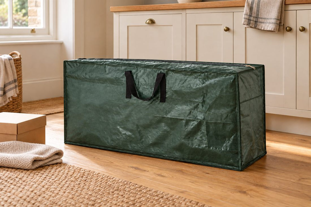 Christmas Tree Storage Bag in a UK home or garden setting