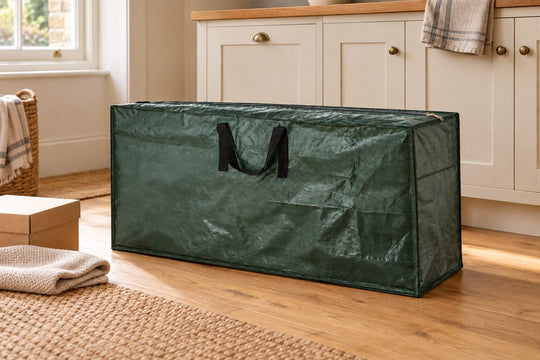 Christmas Tree Storage Bag in a UK home or garden setting