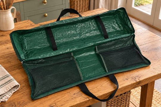 Christmas Gift Wrapping Storage Bag in a UK home or garden setting