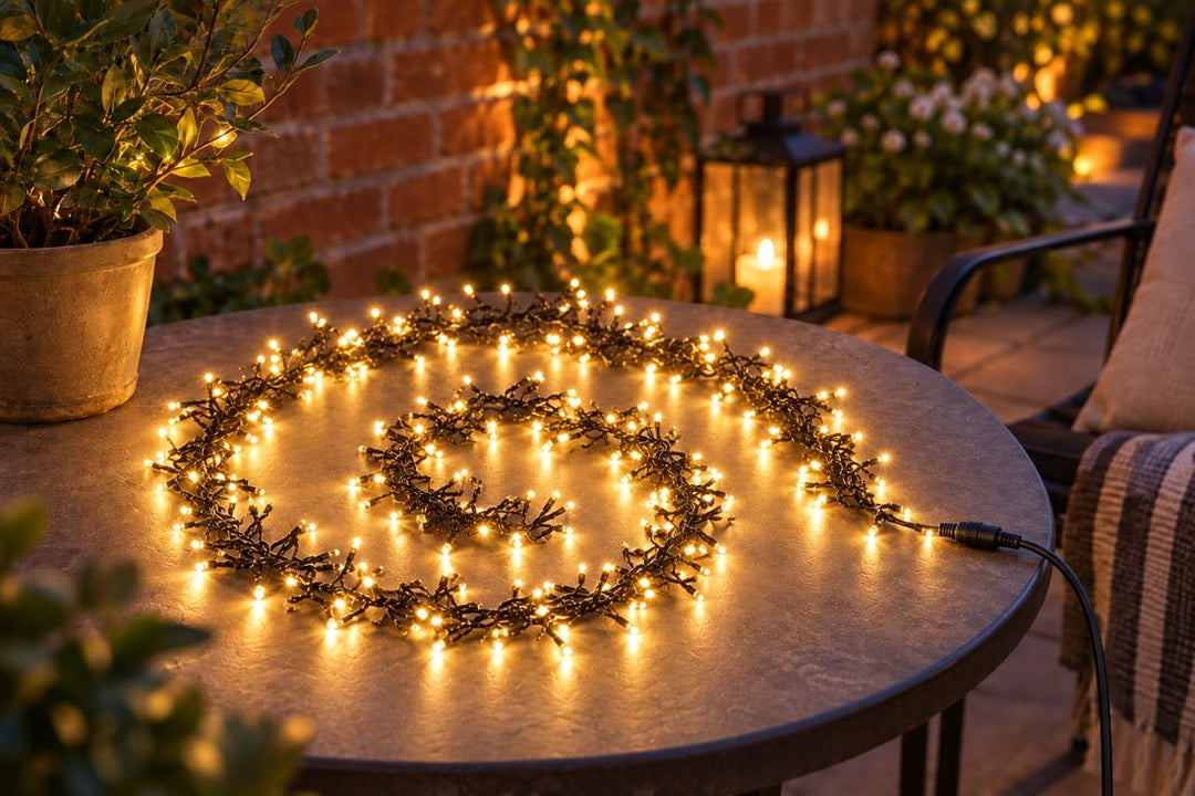 Connectable LED Outdoor Waterproof Cluster String Lights in a UK home or garden setting