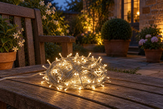 Low Voltage Mains Powered LED Outdoor Waterproof String Lights with optional timer & memory in a UK home or garden setting