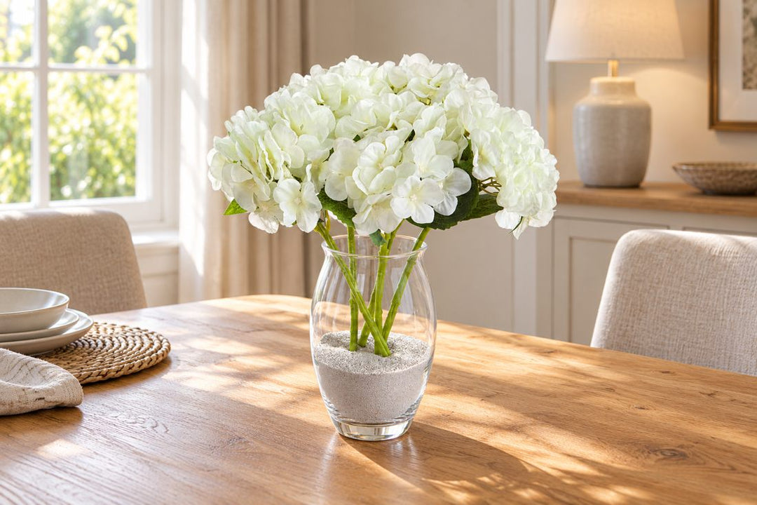 5 Single 35cm Hydrangea Flower Stems in a UK home or garden setting