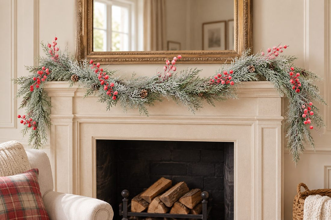200cm Artificial Frosted Conifer Christmas Garland in a UK home or garden setting