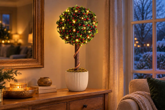 Best Artificial 2ft - 60cm Holly Ball Topiary Tree - Optional Lights in a UK home or garden setting