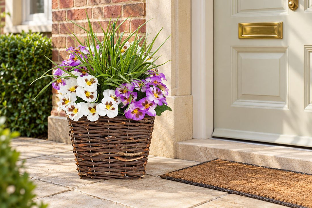 Pansy Display in 44cm Square Wicker Planter Pot - Suitable For Indoor, Outdoor Use in a UK home or garden setting