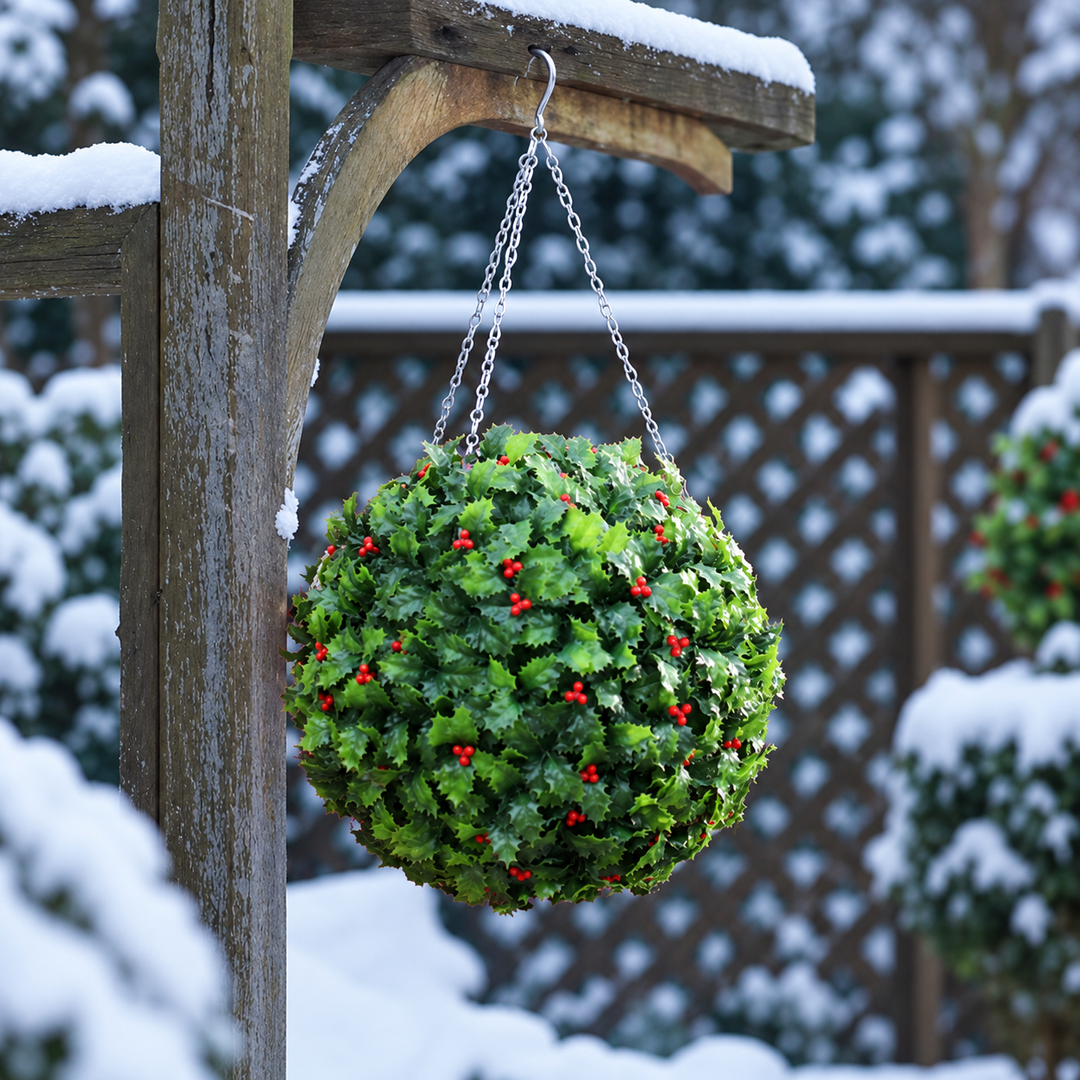 Best Artificial 28cm Christmas Holly Ball with Red Berries - detail view