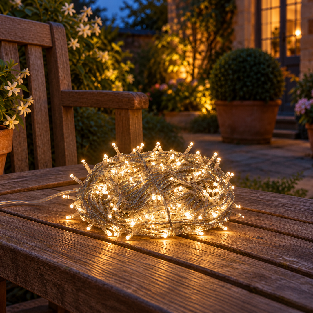 Low Voltage Mains Powered LED Outdoor Waterproof String Lights with optional timer & memory — square lifestyle display