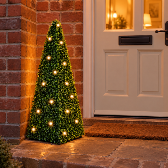 2ft Pre-Lit Pyramid Obelisk Boxwood Topiary Tree — square lifestyle display