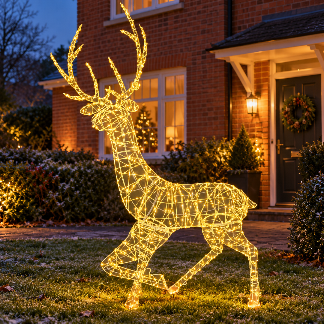 Best Artificial 180cm Warm White Illuminated Christmas Stag in a UK Christmas lifestyle setting