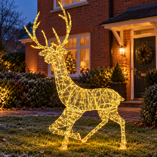 Best Artificial 180cm Warm White Illuminated Christmas Stag in a UK Christmas lifestyle setting