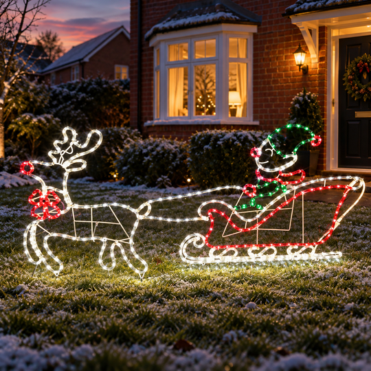 Best Artificial Illuminated Elf and Sleigh Christmas Motif in a UK Christmas lifestyle setting