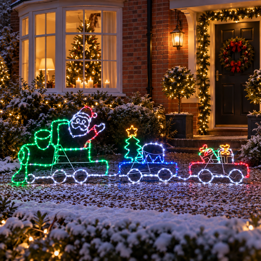 Best Artificial 190cm Santa and Train Christmas Rope Light Motif in a UK Christmas lifestyle setting
