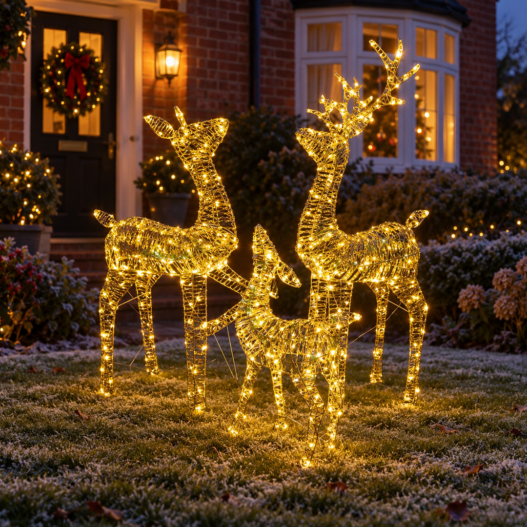 Best Artificial Illuminated Reindeer Family Christmas Motif in a UK Christmas lifestyle setting