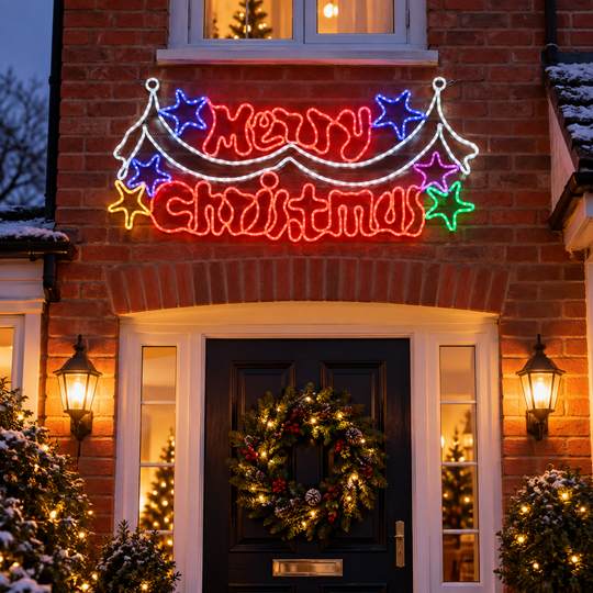 Best Artificial 195cm Merry Christmas Illuminated Banner Motif in a UK Christmas lifestyle setting