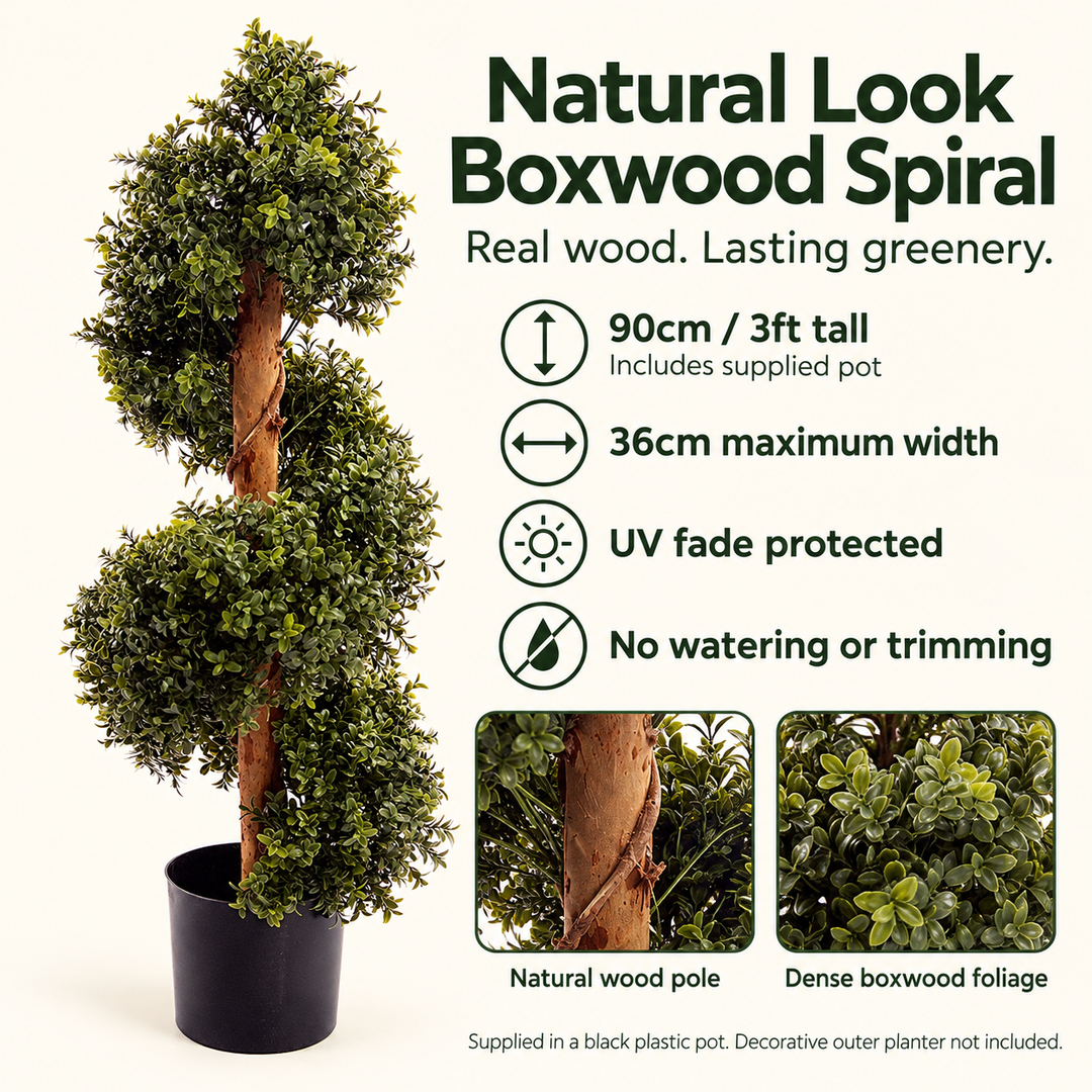 90cm Natural Look boxwood spiral dimensions, features, natural wood and foliage details