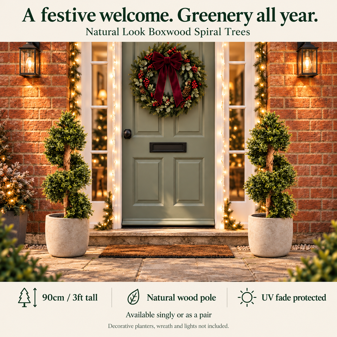 Festive styling inspiration; planters, wreath and lights not included