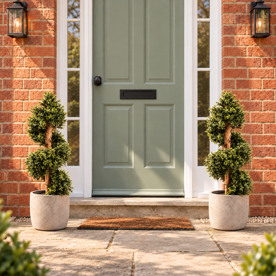 Pair of 90cm Natural Look boxwood spiral trees outside a UK home; decorative planters not included