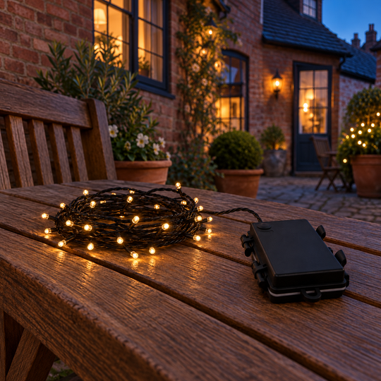 LED Outdoor Waterproof Battery 8 Multi-Function String Lights with Timer in a square UK lifestyle setting