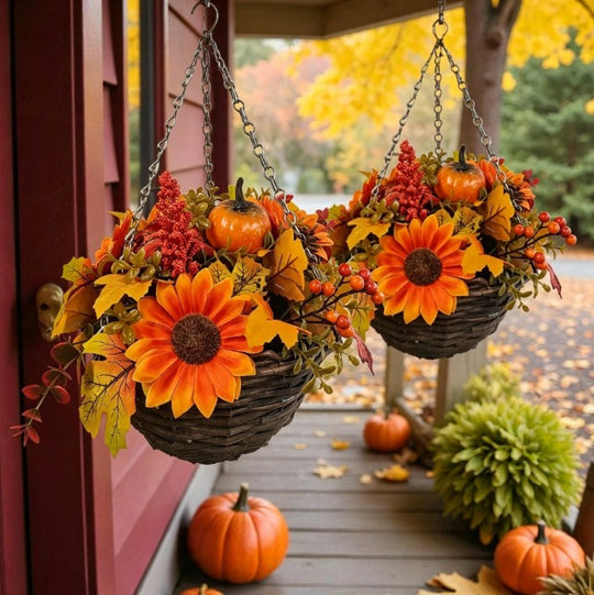 Pair Of Best Artificial 10 Inch / 25cm Autumn Flower Hanging Basket with Pumpkins and Acorns