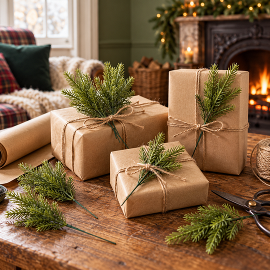 Christmas pine sprigs decorating kraft-paper gifts in a British home