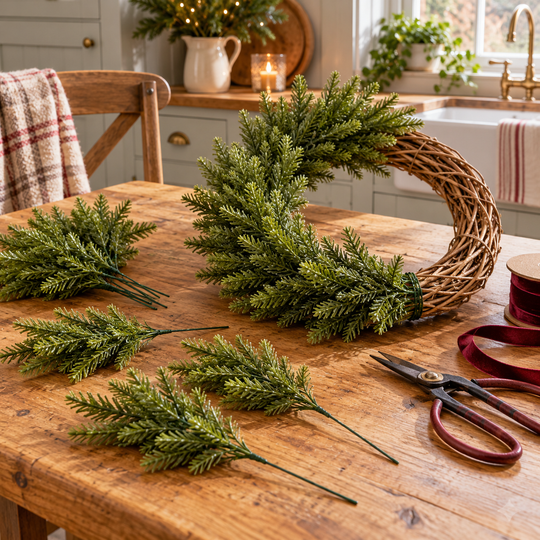 Green pine sprigs used for Christmas wreath making in a British cottage kitchen