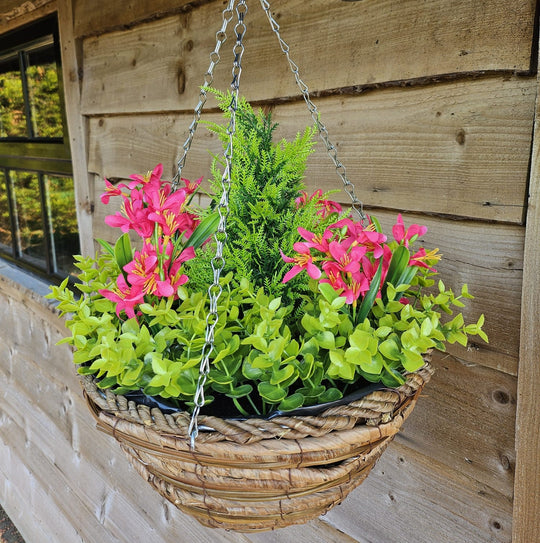 Best Artificial Pink Mini Daffodil Display in 14 Inch Round Hanging Basket